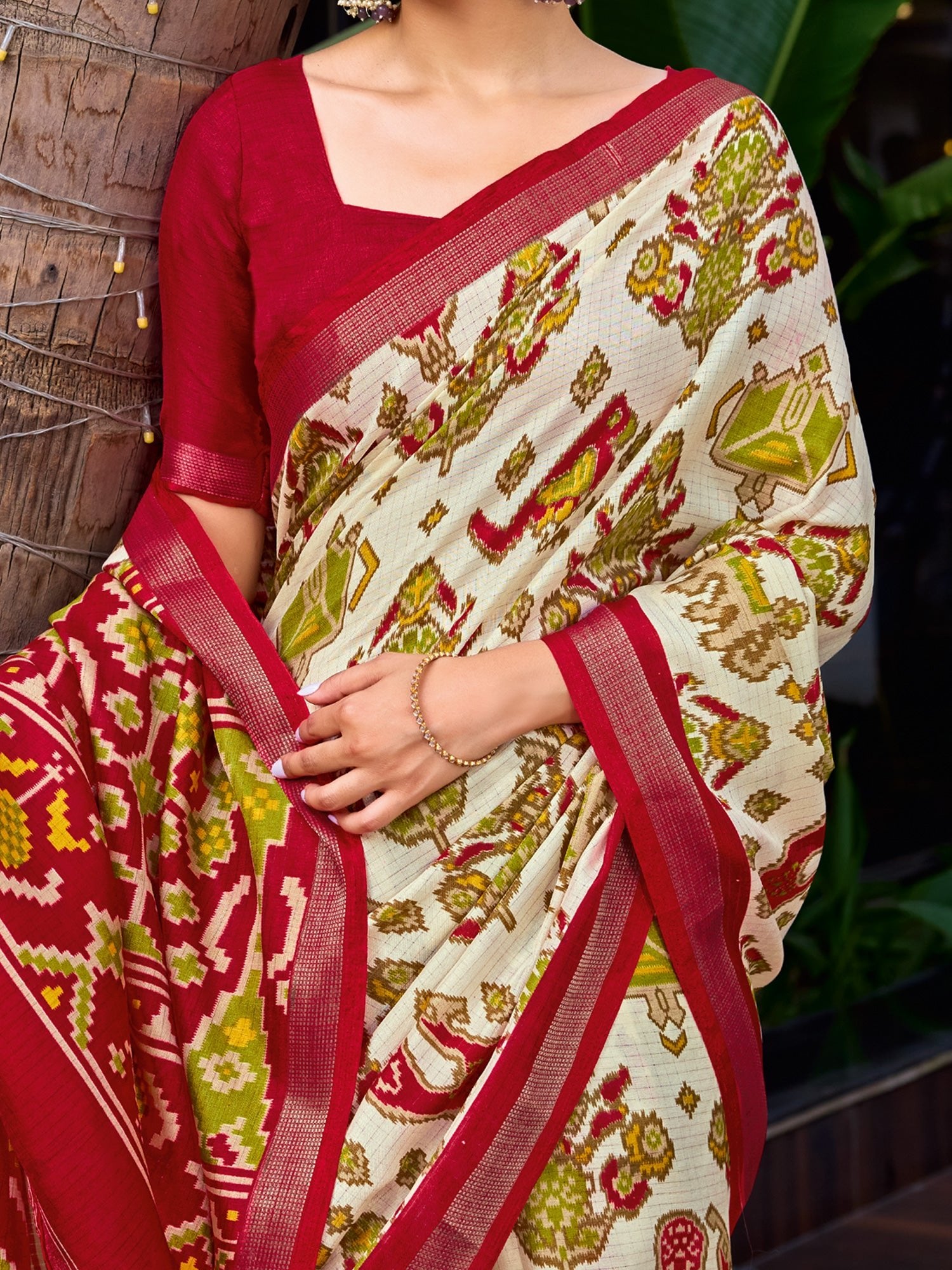 Off - White and Red Patola Saree - Ressa
