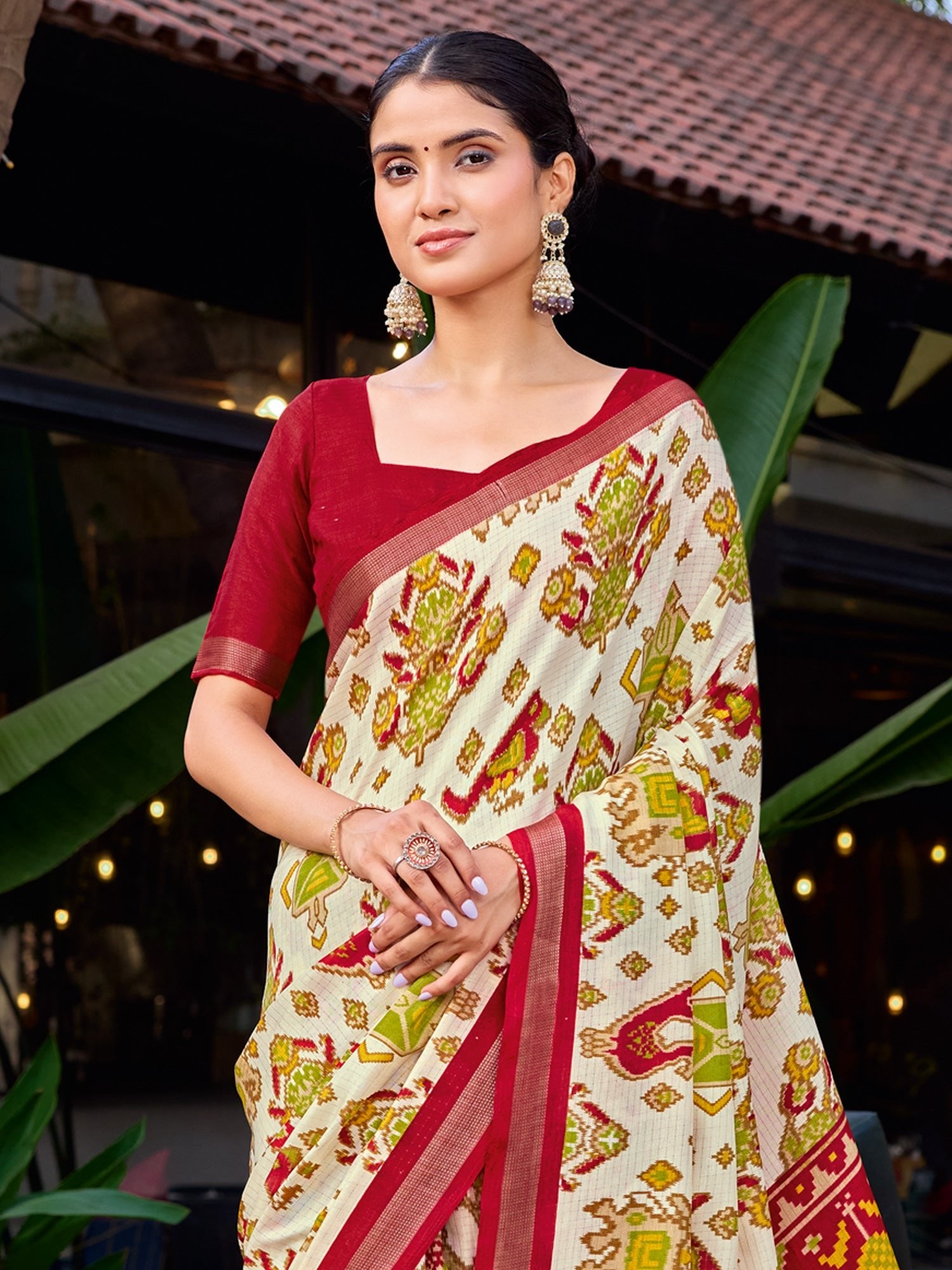 Off - White and Red Patola Saree - Ressa
