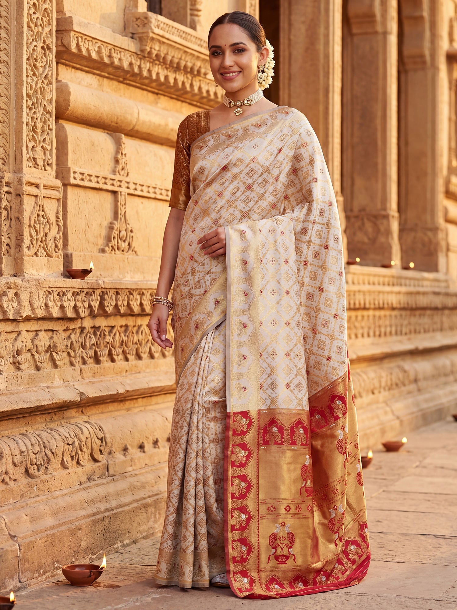 Off-White Banarasi Silk Heritage Zari Weave Saree - Ressa