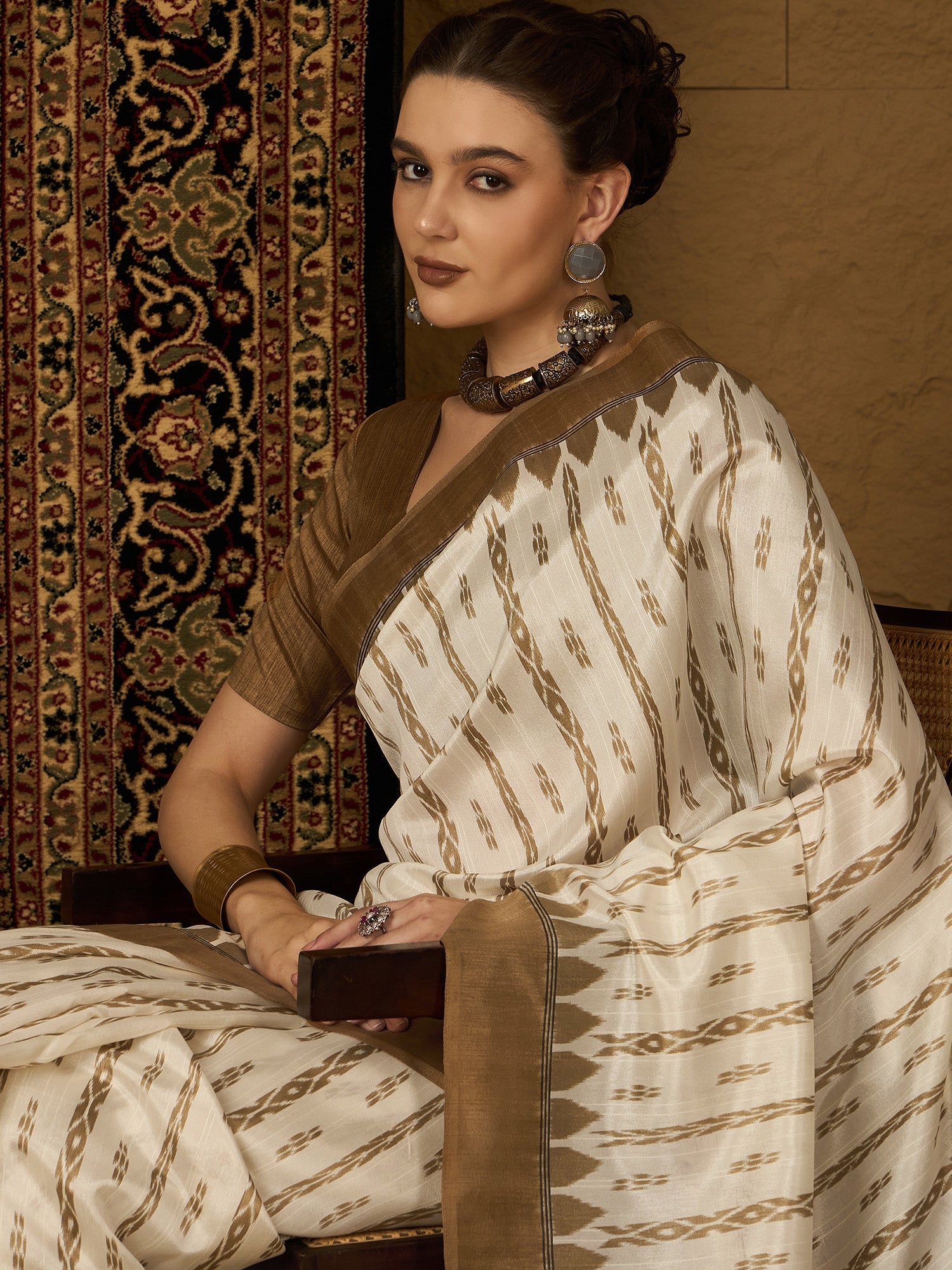 Off White Bhagalpuri Silk Ikkat Printed Saree - Ressa