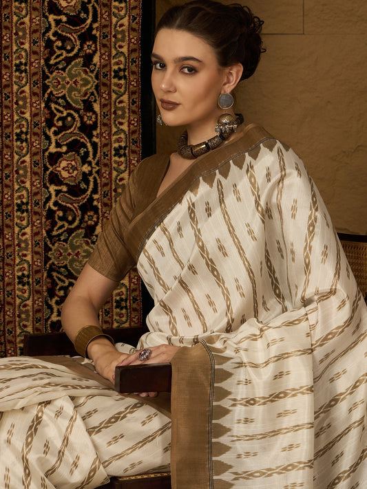 Off White Bhagalpuri Silk Ikkat Printed Saree - Ressa