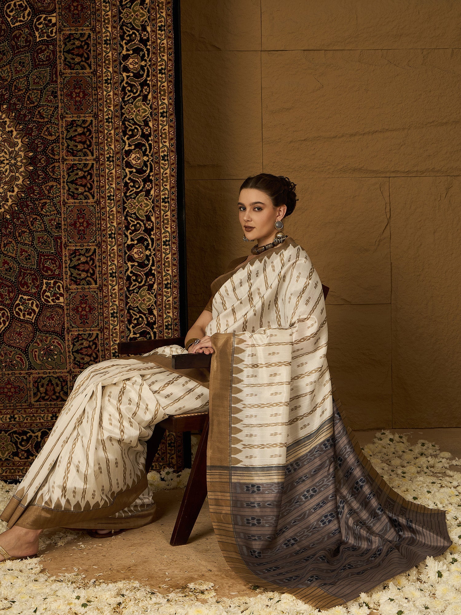 Off White Bhagalpuri Silk Ikkat Printed Saree - Ressa