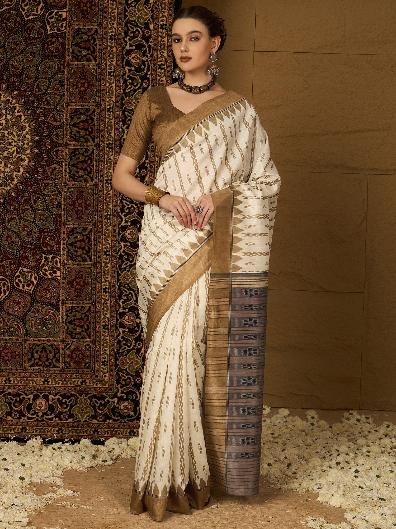 Off White Bhagalpuri Silk Ikkat Printed Saree - Ressa