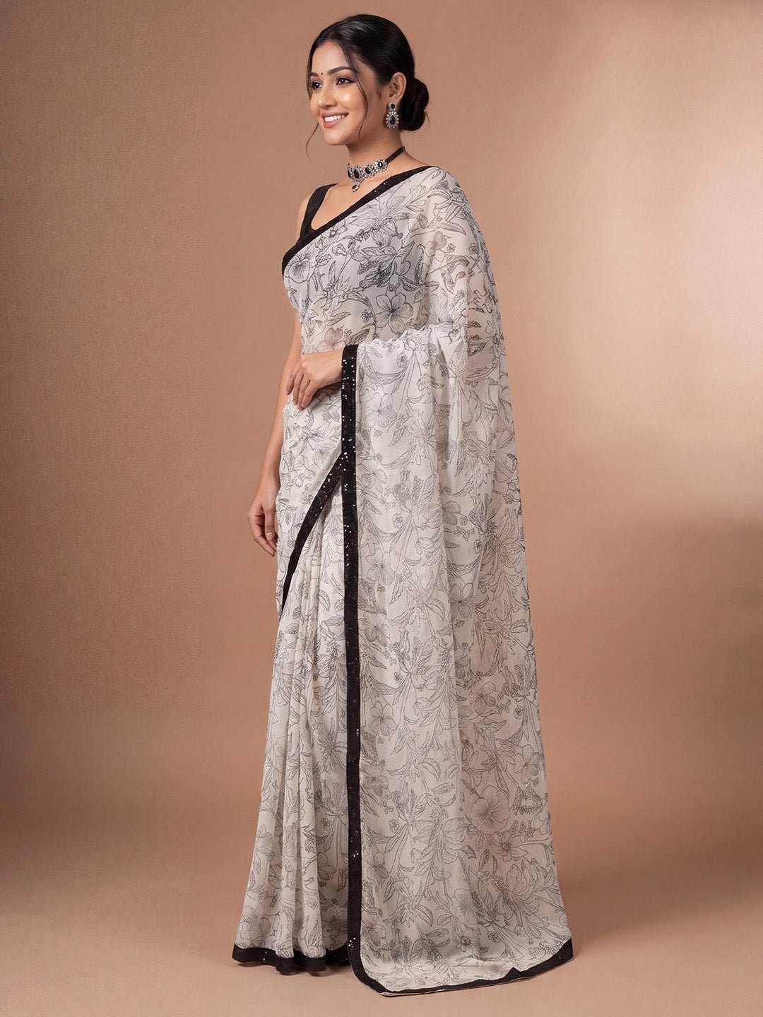 Off-White & Black Georgette Saree - Ressa