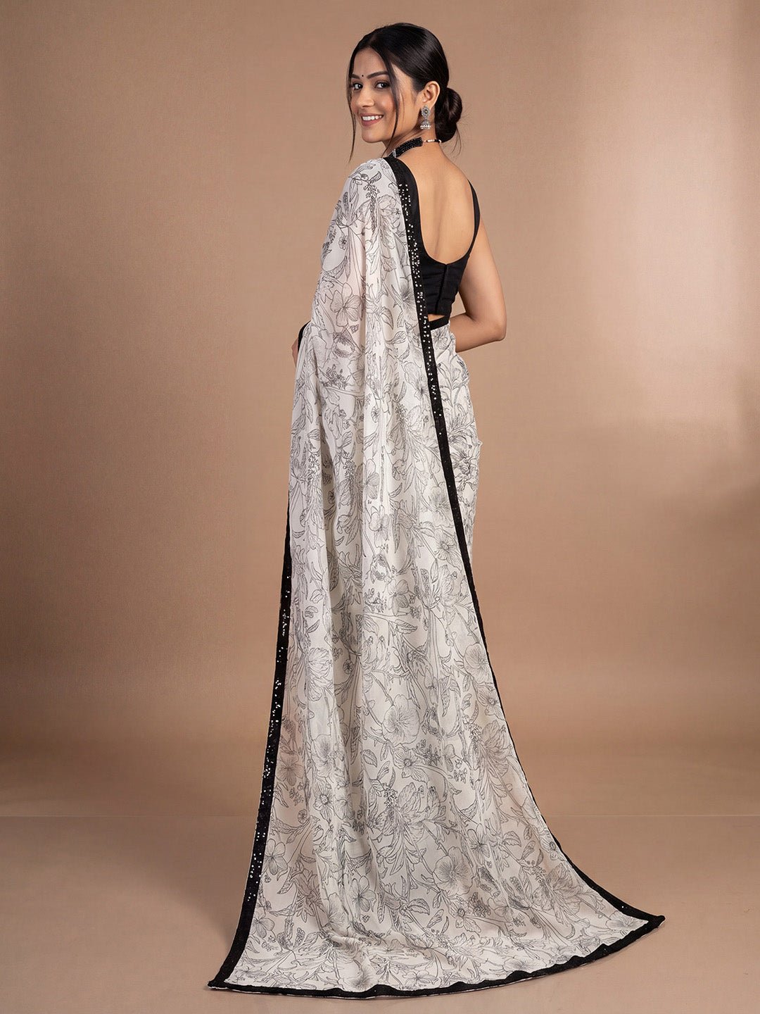 Off-White & Black Georgette Saree - Ressa