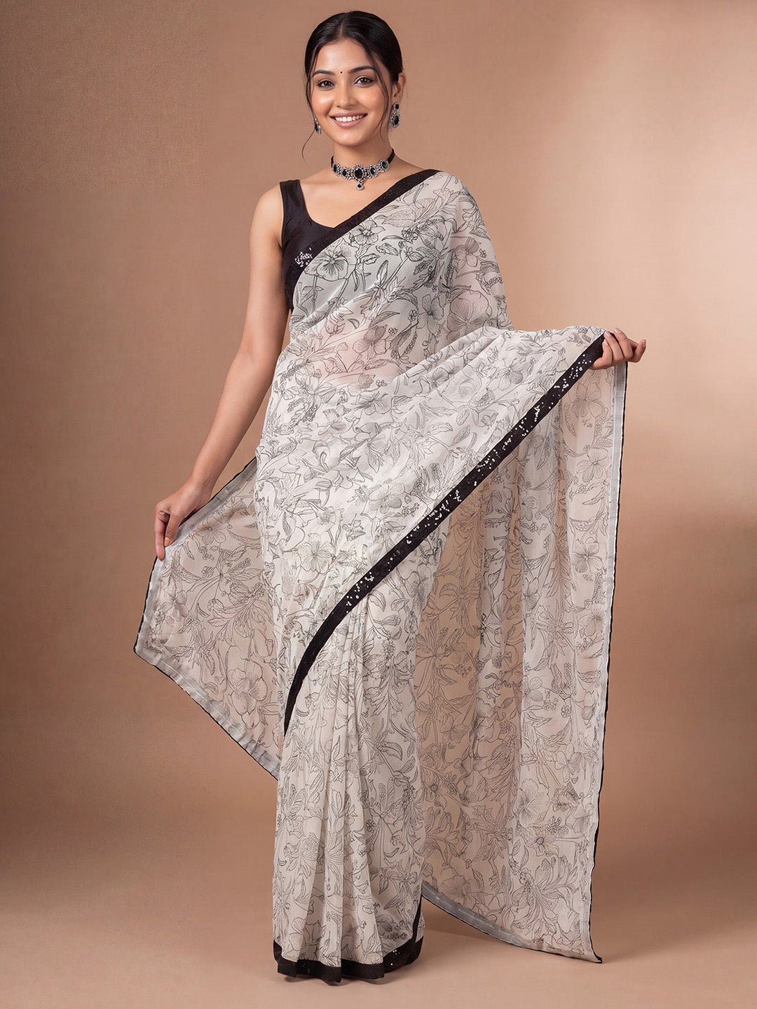 Off-White & Black Georgette Saree - Ressa