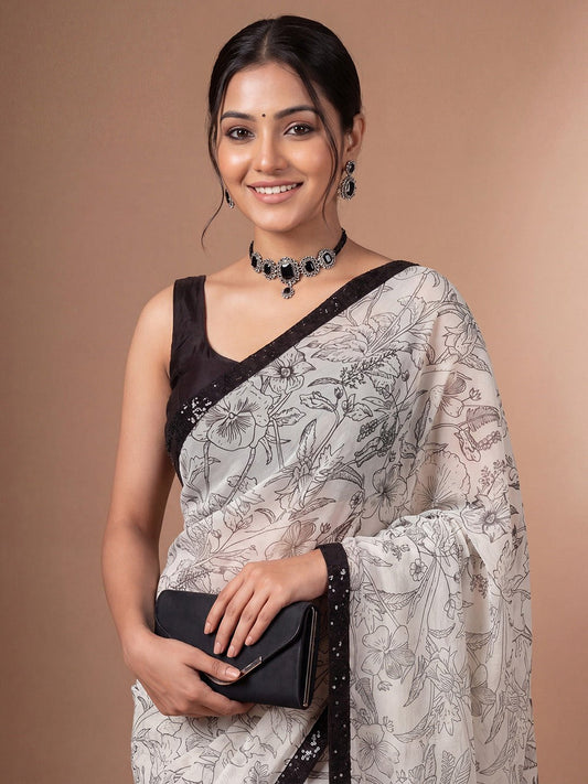 Off-White & Black Georgette Saree - Ressa