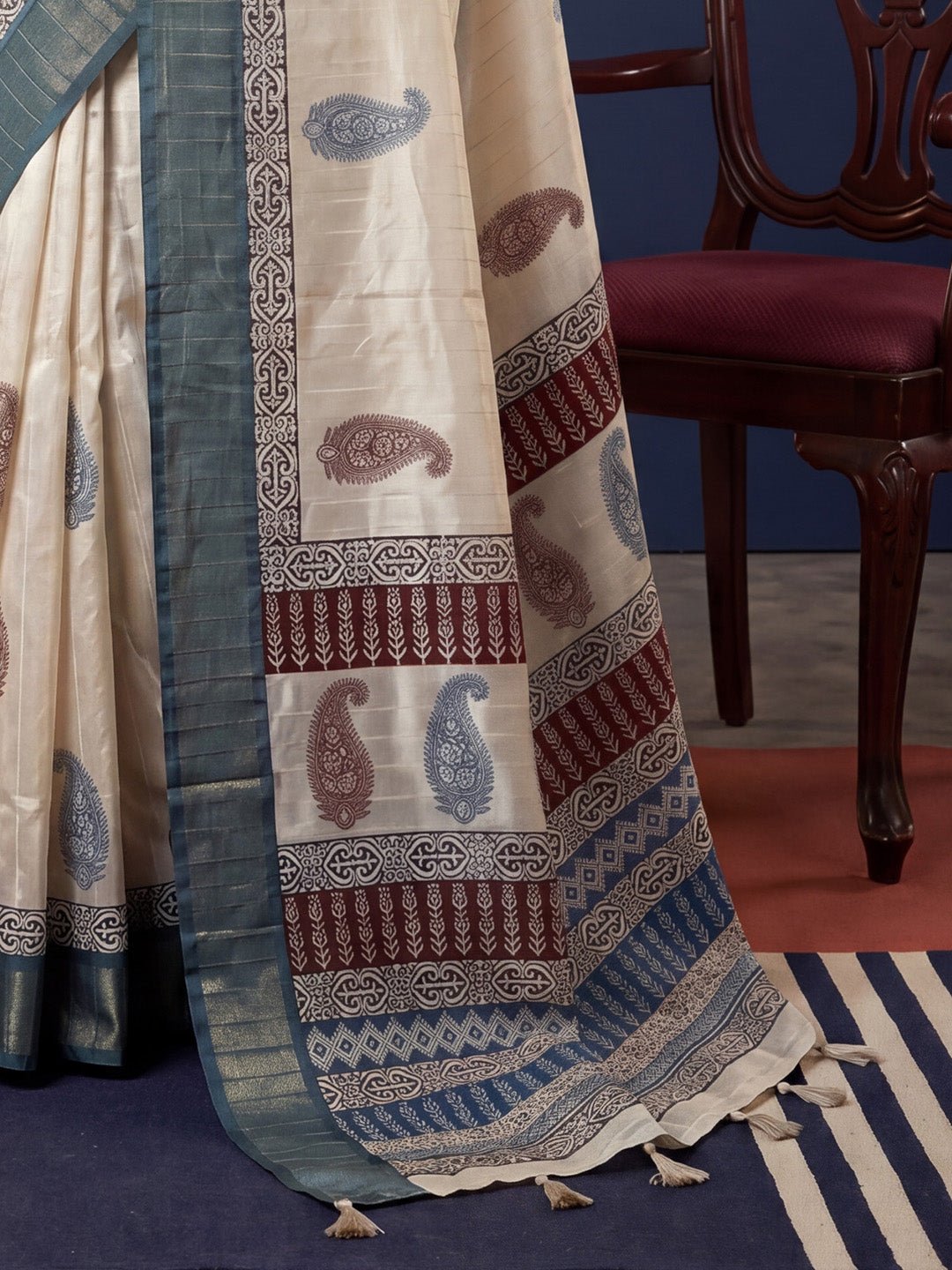 Off White Block Printed Saree - Ressa