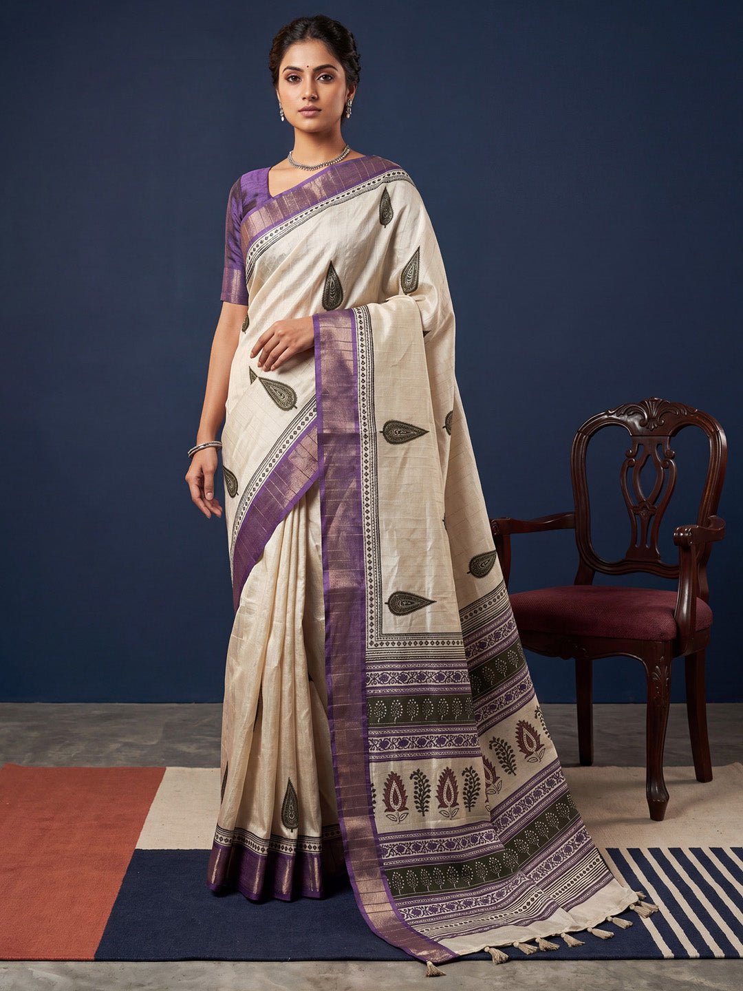 Off White Block Printed Saree - Ressa