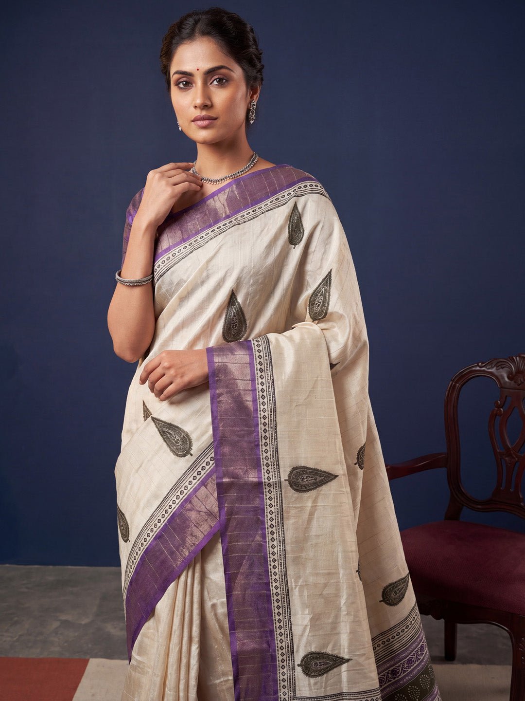 Off White Block Printed Saree - Ressa