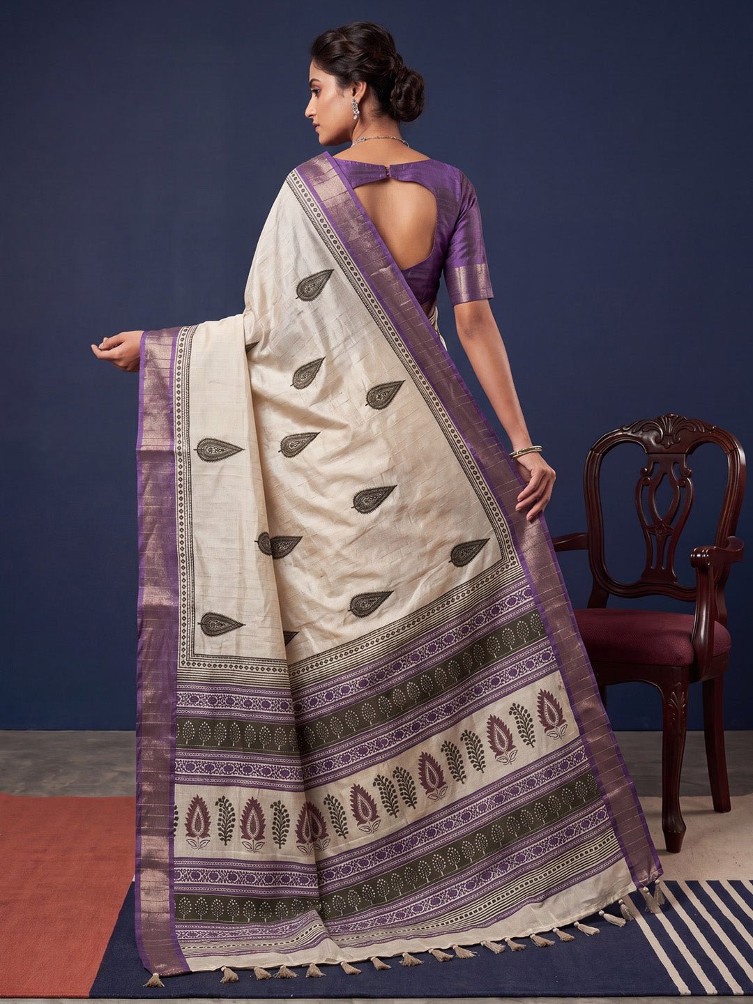 Off White Block Printed Saree - Ressa