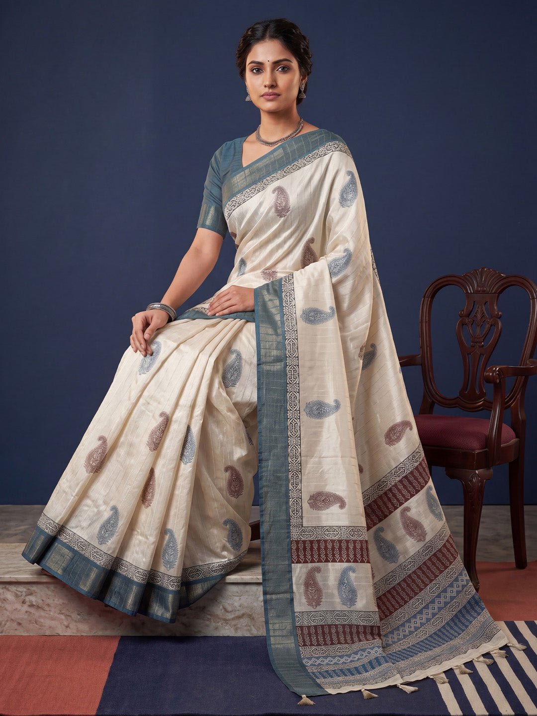 Off White Block Printed Saree - Ressa