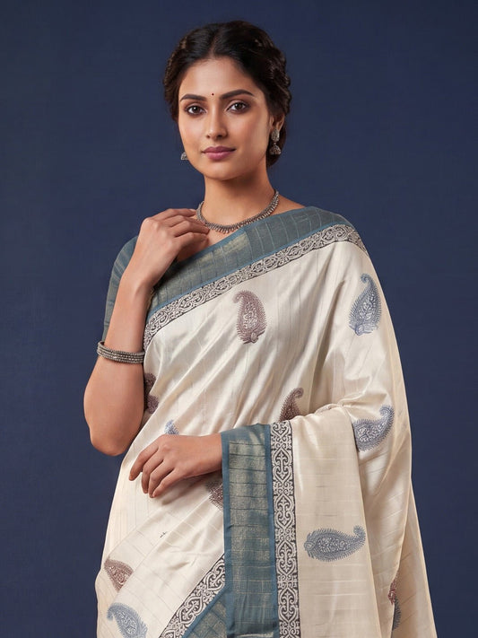Off White Block Printed Saree - Ressa