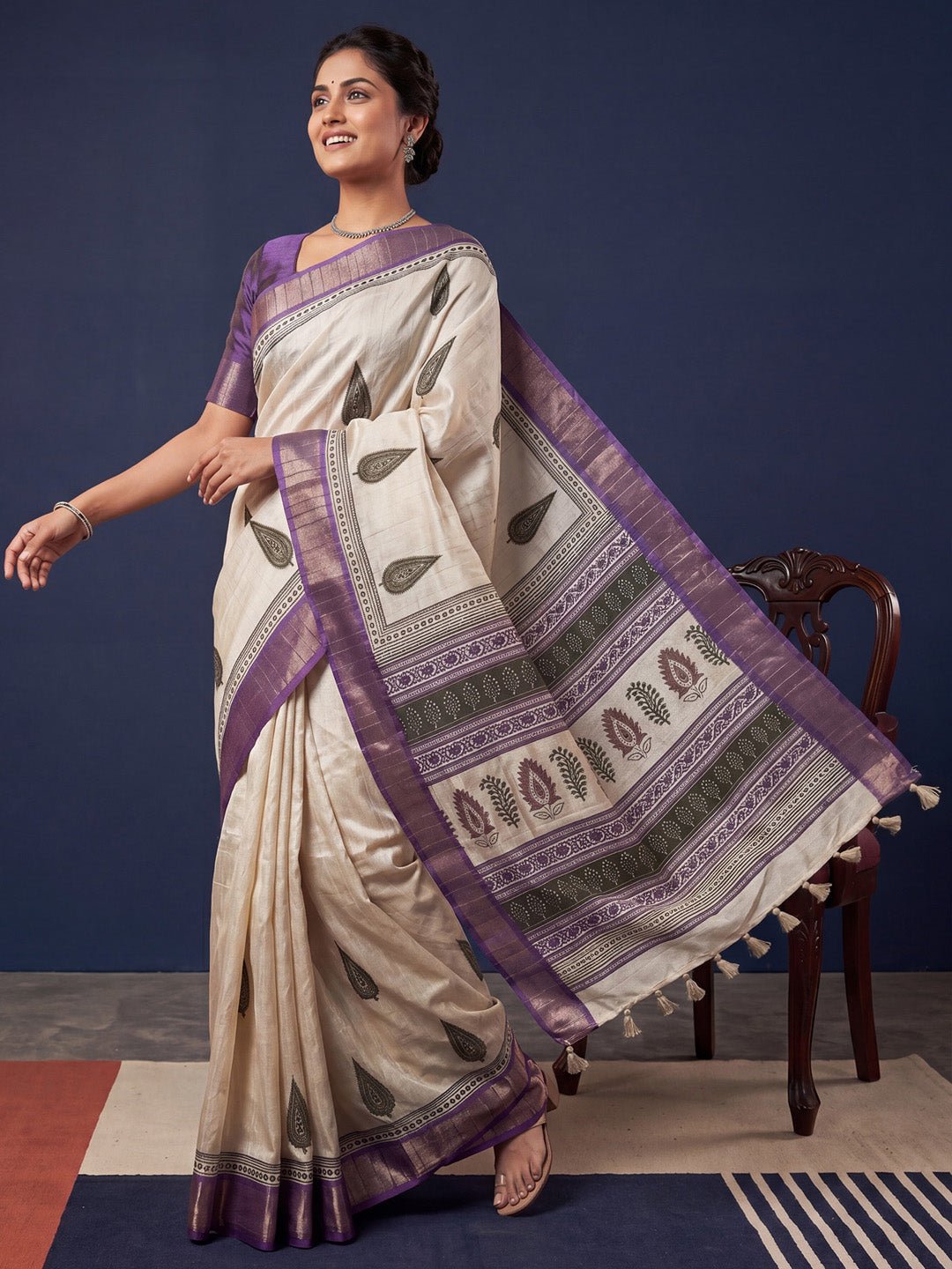 Off White Block Printed Saree - Ressa