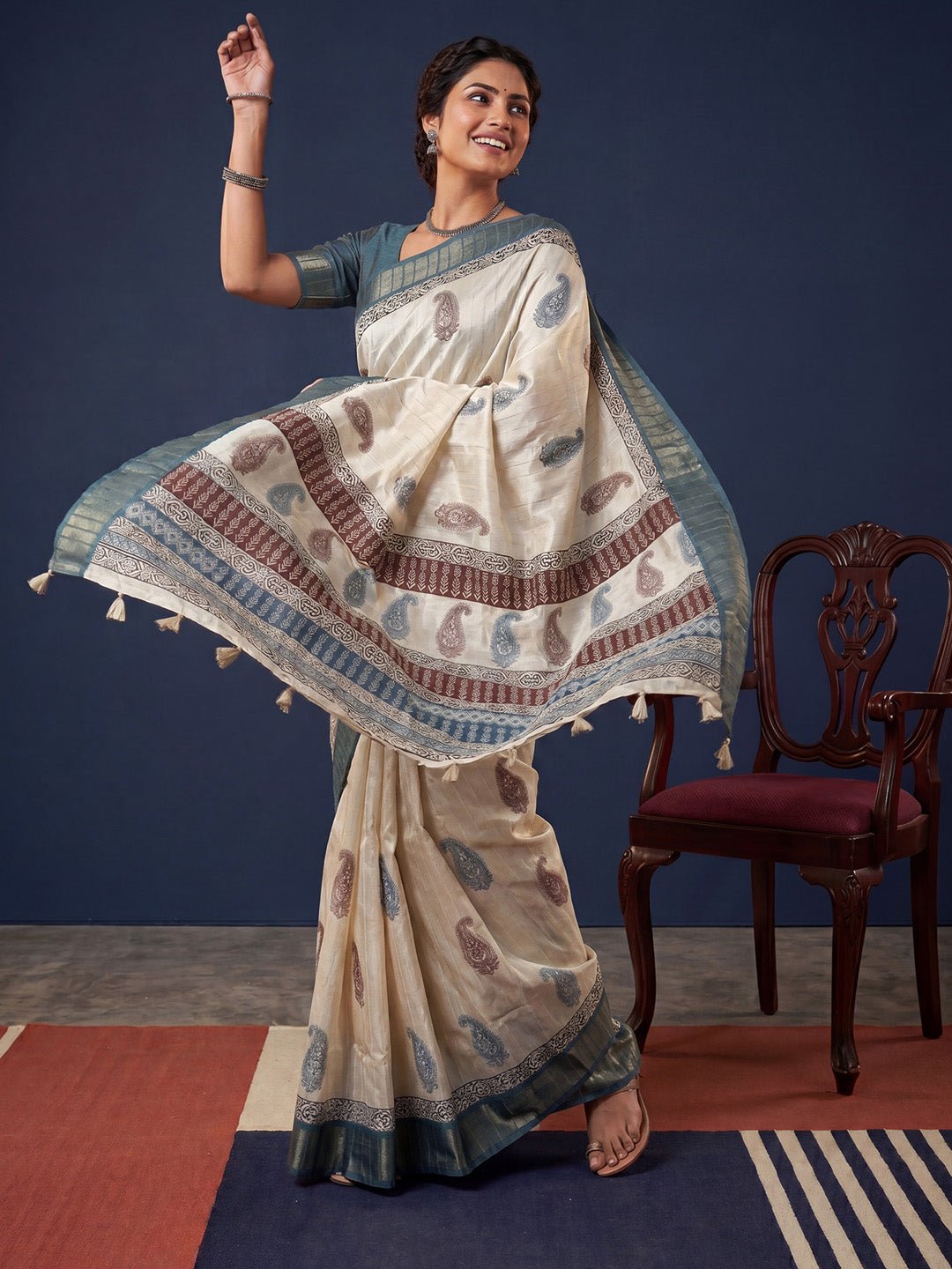 Off White Block Printed Saree - Ressa