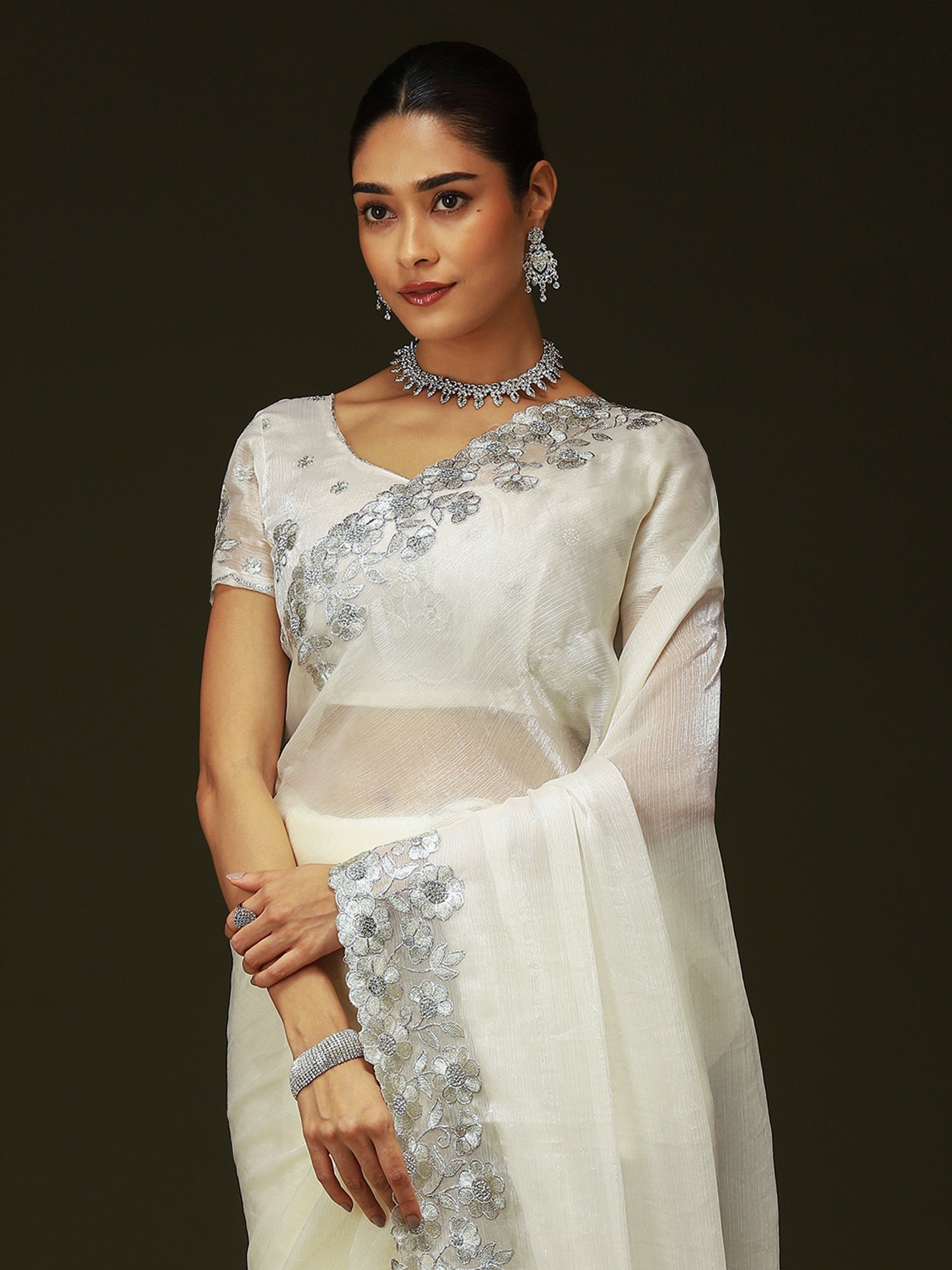 Off-White Chiffon Saree - Ressa