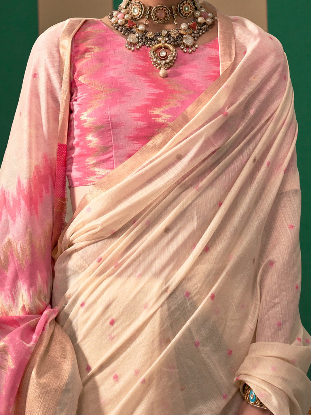 Off-White Cotton Blend saree - Ressa