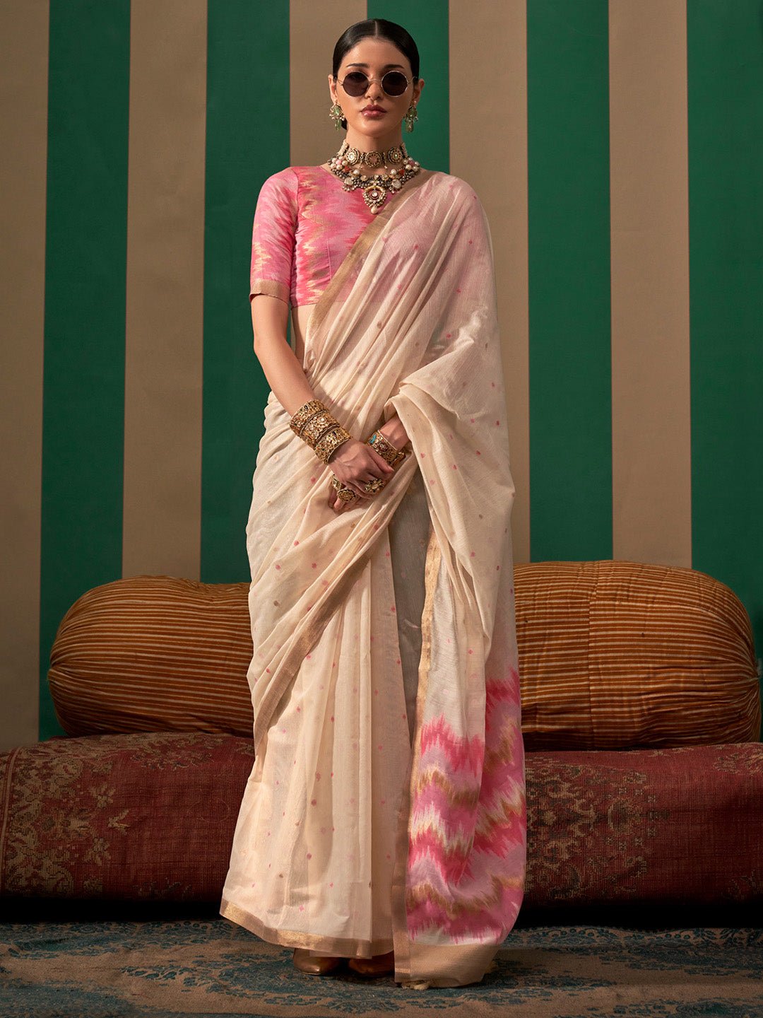 Off-White Cotton Blend saree - Ressa
