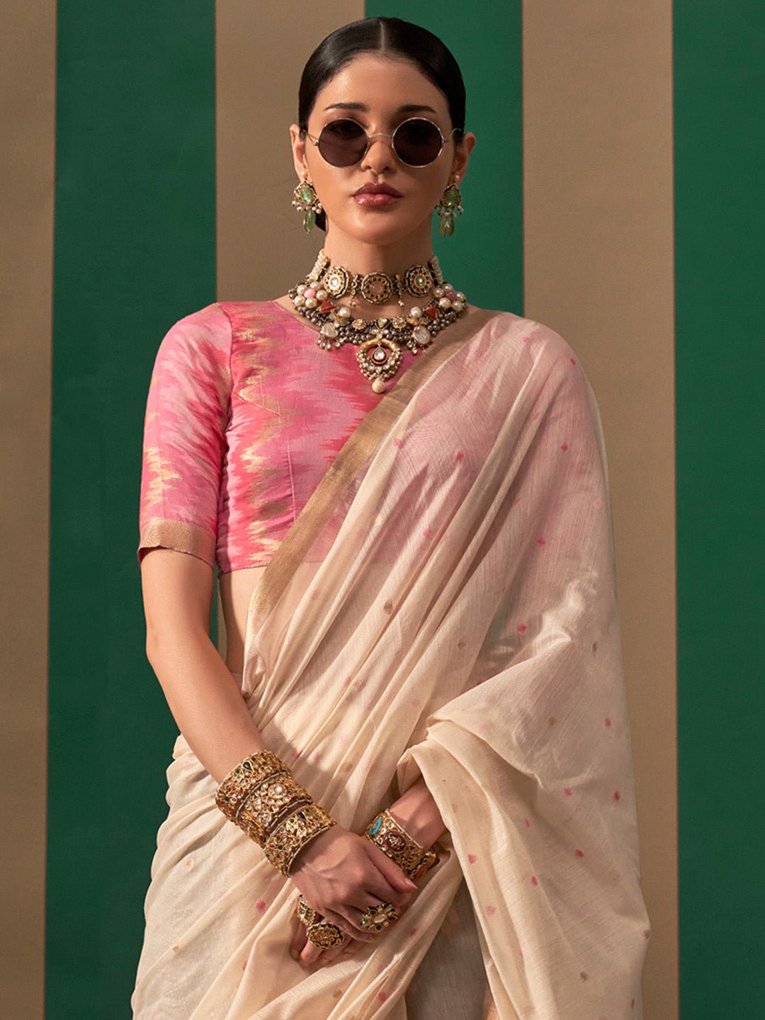 Off-White Cotton Blend saree - Ressa
