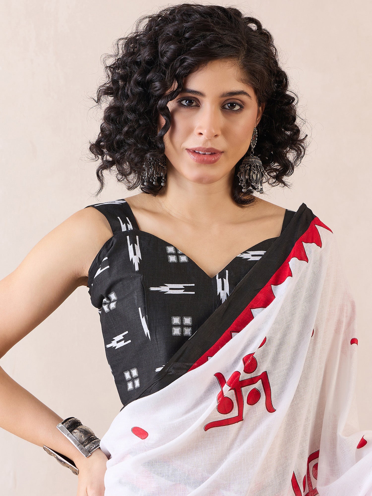 Off-White Cotton Block Print Saree - Ressa