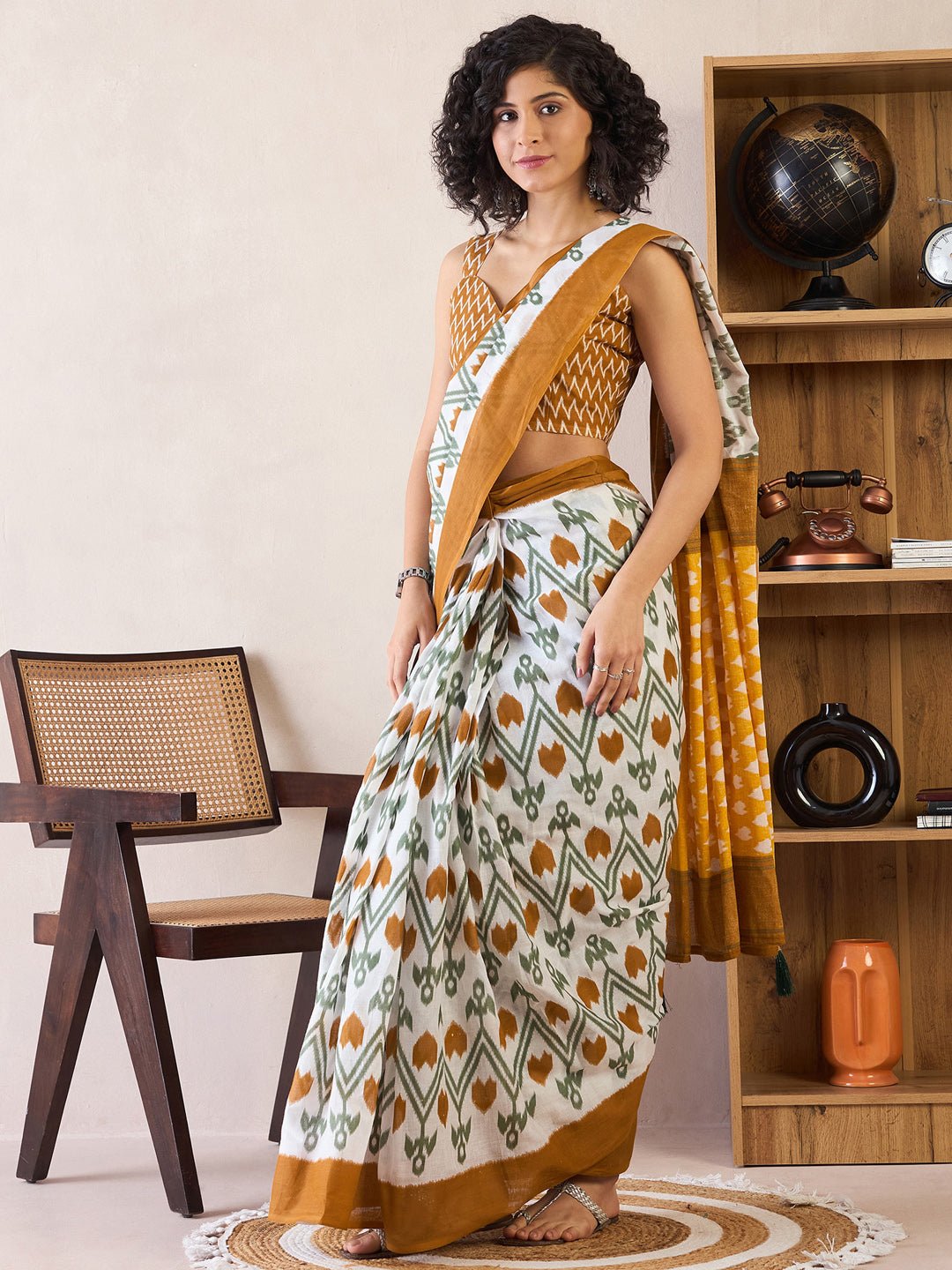 Off White Cotton Ikkat Printed Saree - Ressa
