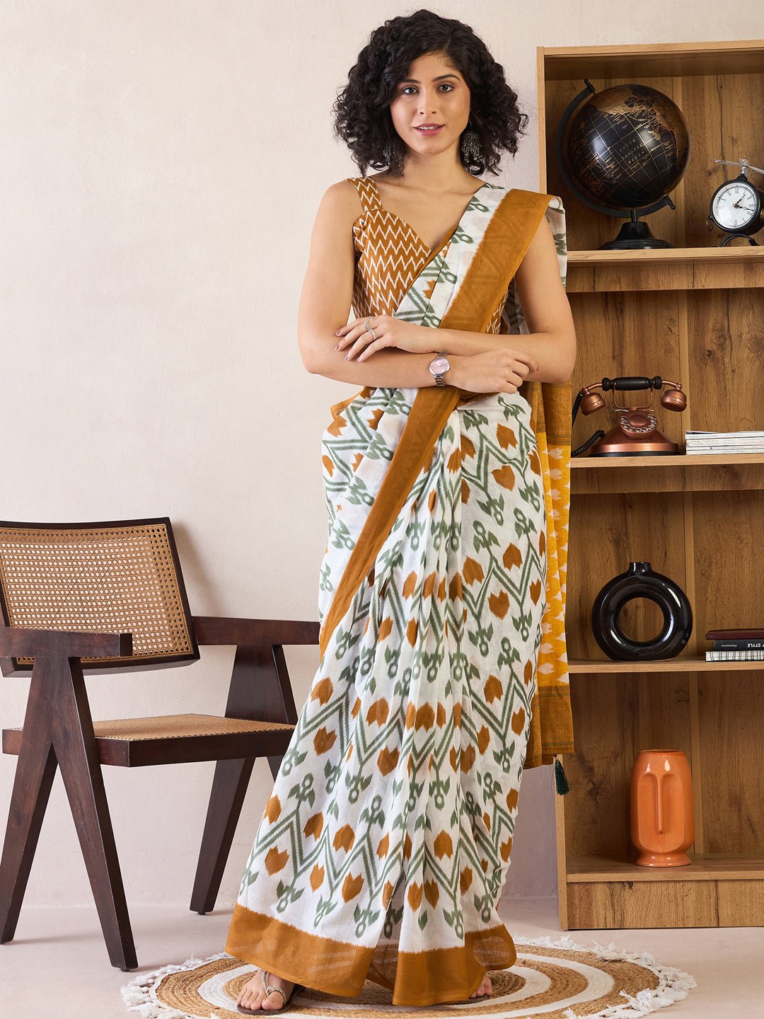 Off White Cotton Ikkat Printed Saree - Ressa