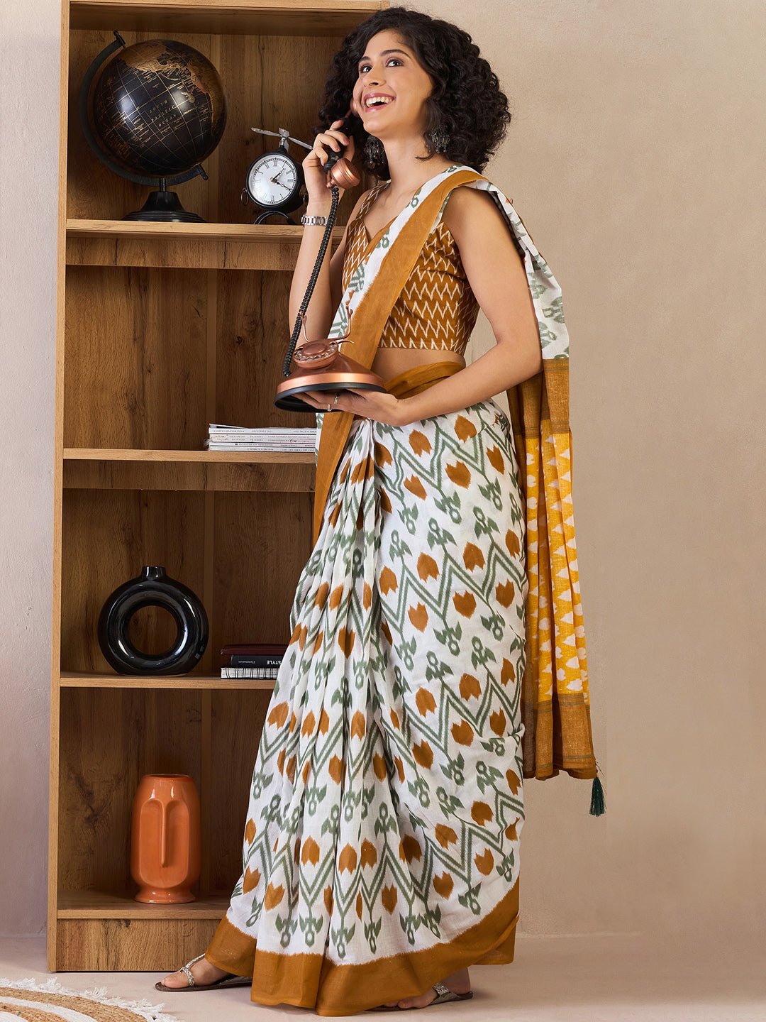 Off White Cotton Ikkat Printed Saree - Ressa
