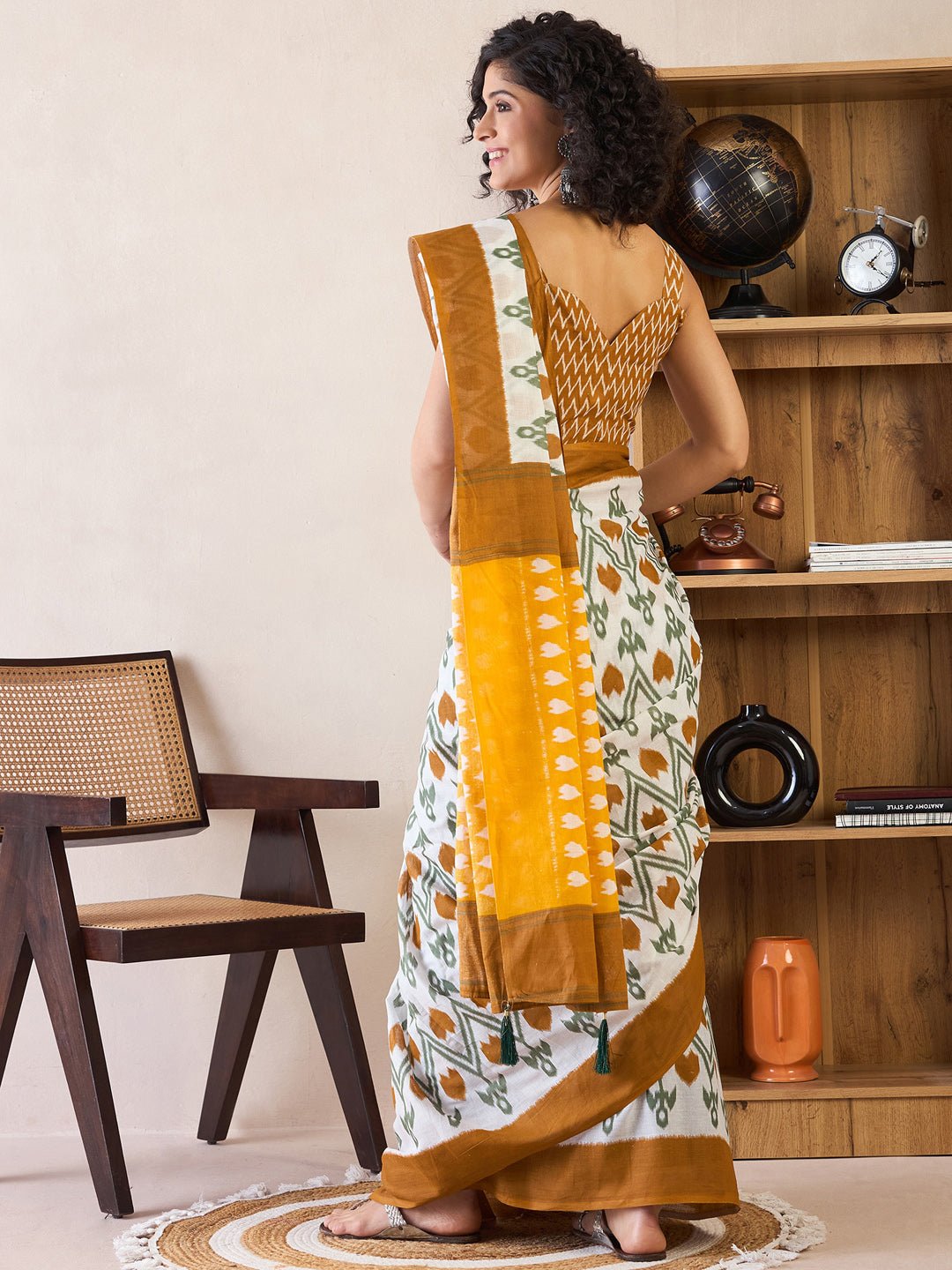 Off White Cotton Ikkat Printed Saree - Ressa