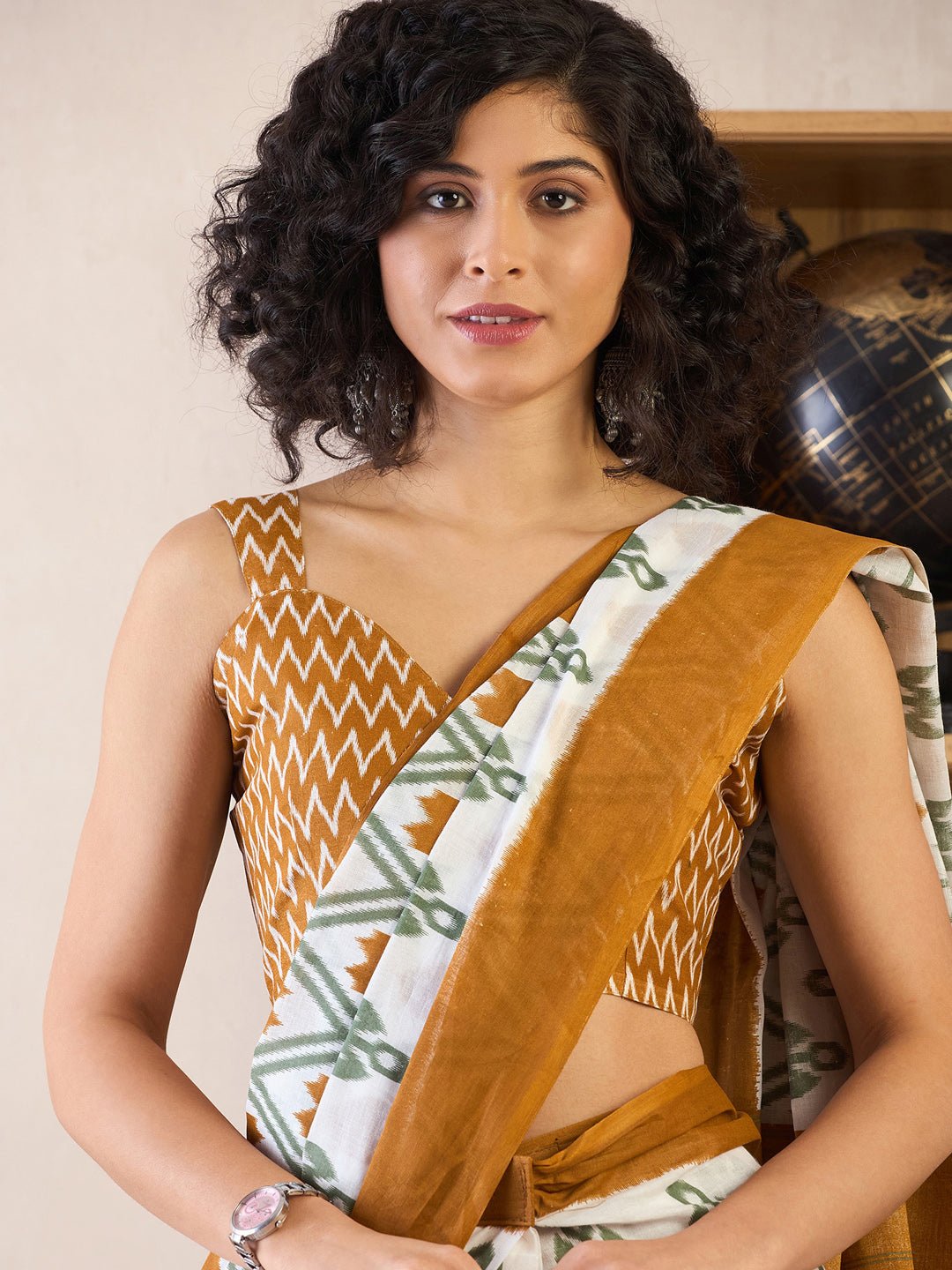 Off White Cotton Ikkat Printed Saree - Ressa