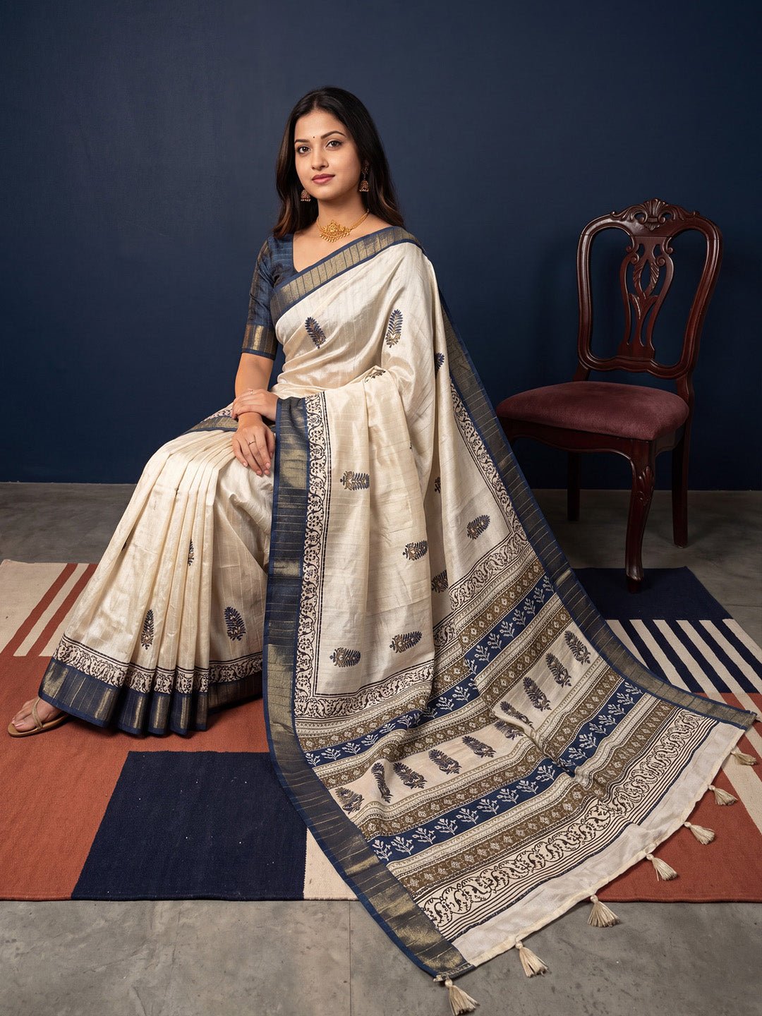Off White Cotton Silk Block Printed Saree - Ressa