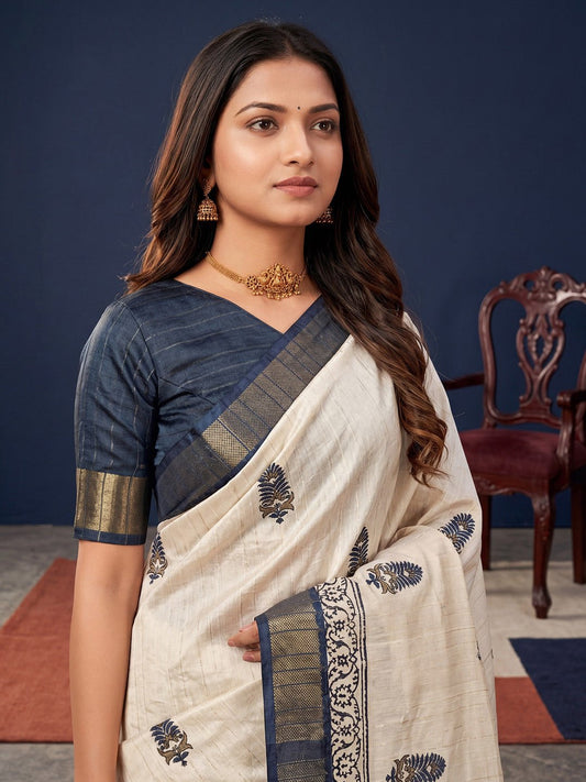 Off White Cotton Silk Block Printed Saree - Ressa