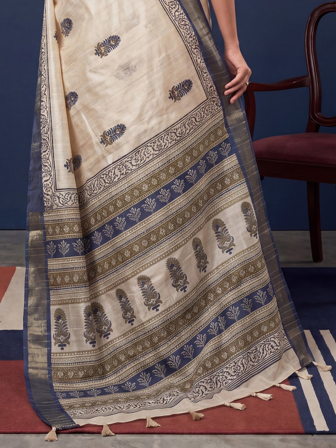 Off White Cotton Silk Block Printed Saree - Ressa