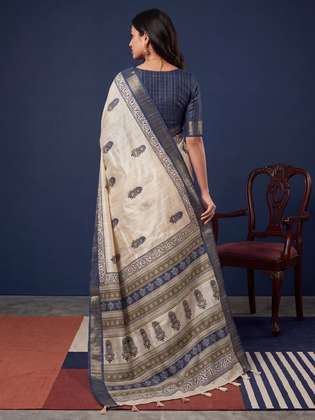 Off White Cotton Silk Block Printed Saree - Ressa