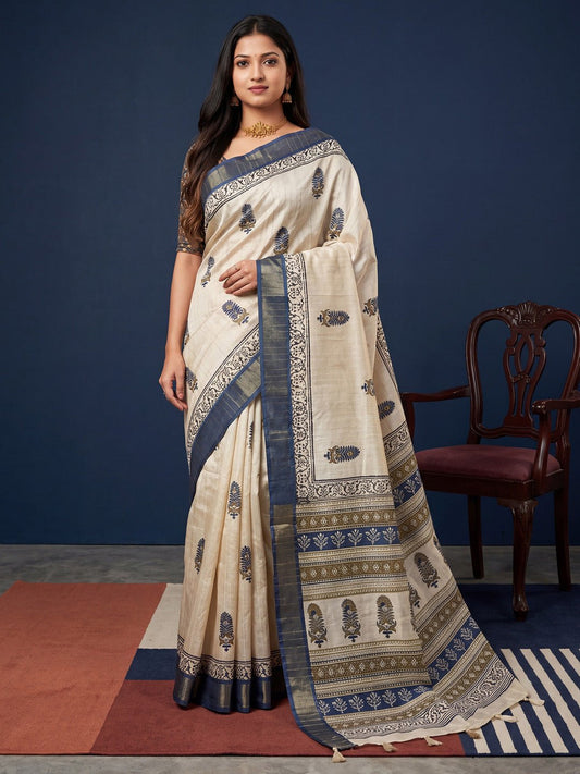 Off White Cotton Silk Block Printed Saree - Ressa