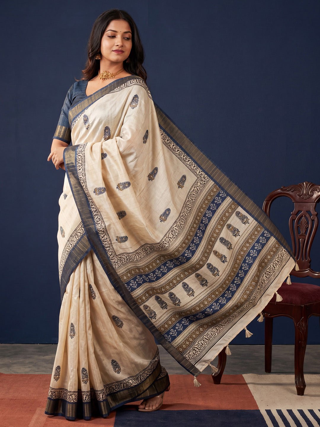 Off White Cotton Silk Block Printed Saree - Ressa