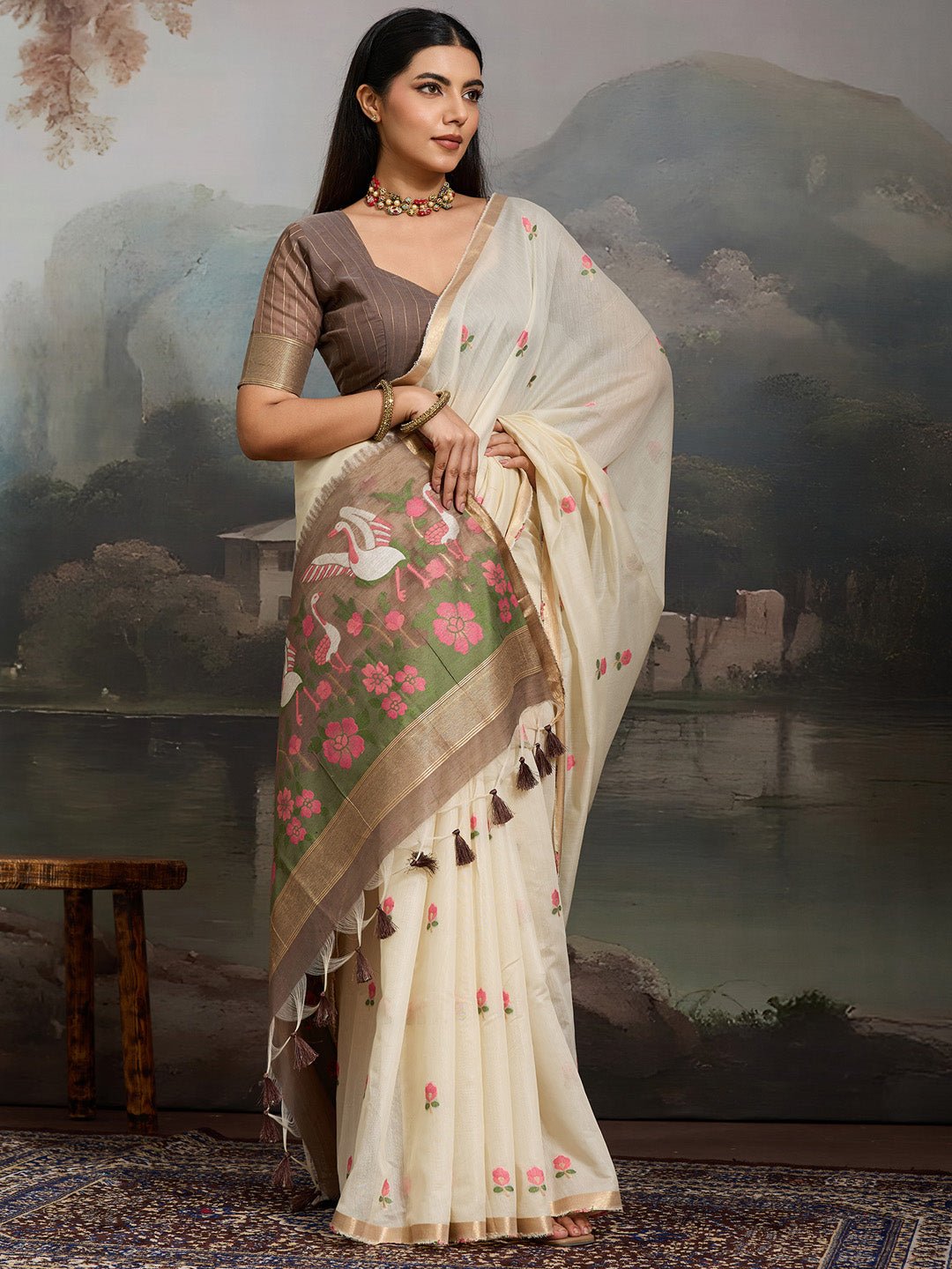 Off White Cotton Woven Printed Saree - Ressa