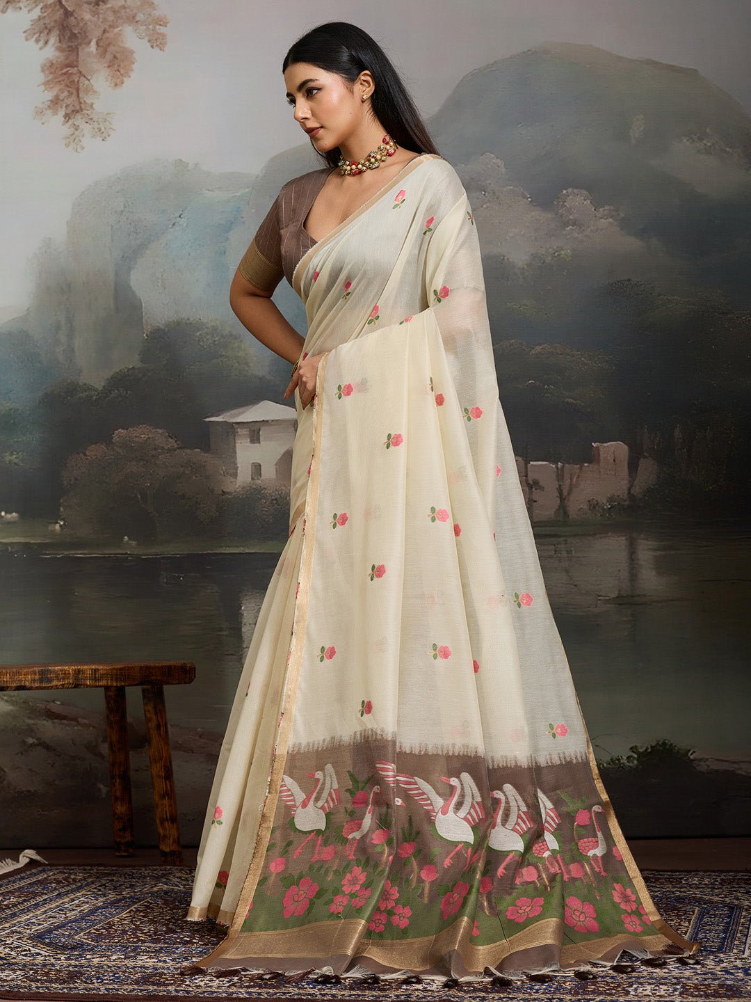 Off White Cotton Woven Printed Saree - Ressa