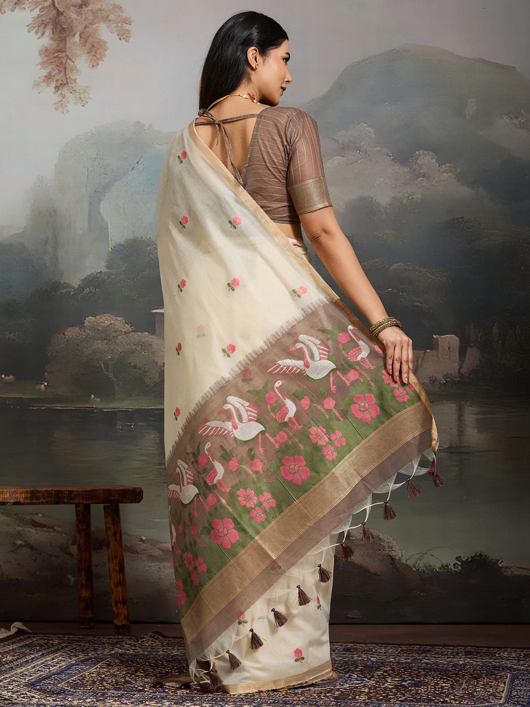 Off White Cotton Woven Printed Saree - Ressa