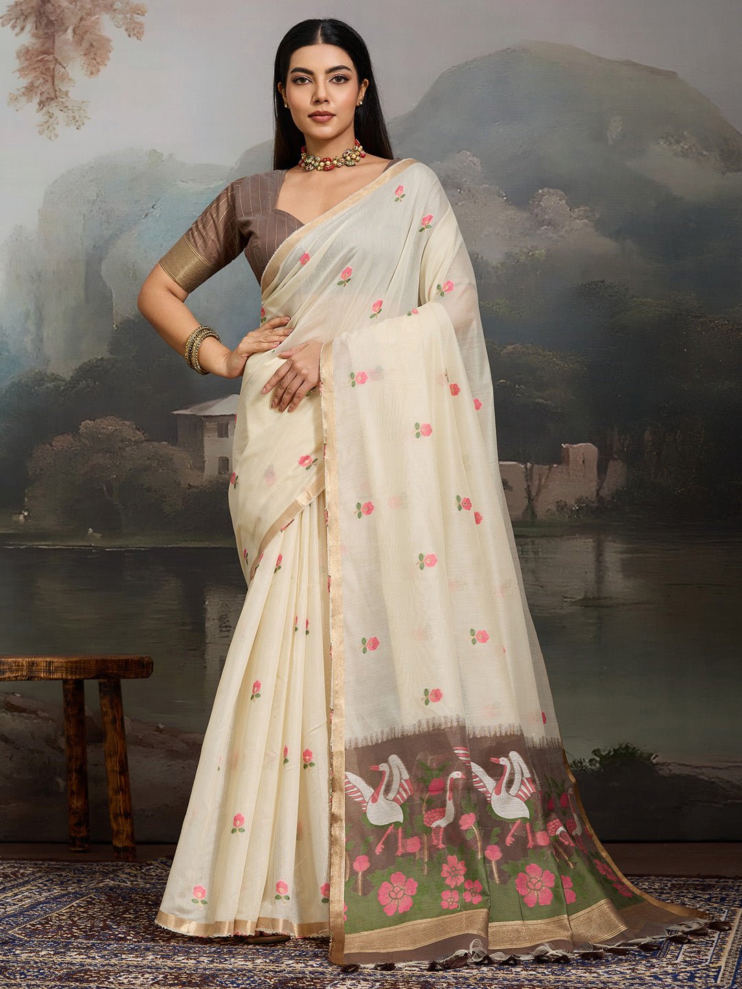 Off White Cotton Woven Printed Saree - Ressa