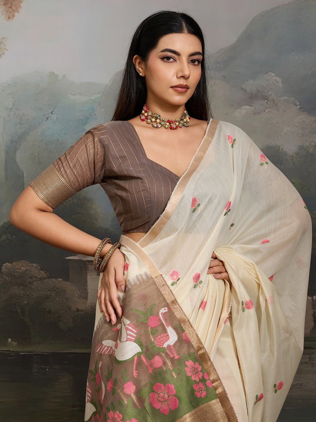 Off White Cotton Woven Printed Saree - Ressa