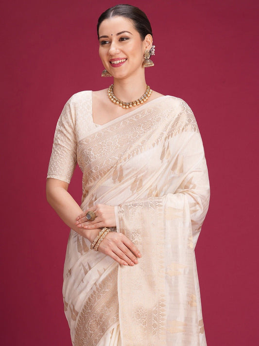 Off-White Cream Banarasi Silk Blend - Ressa