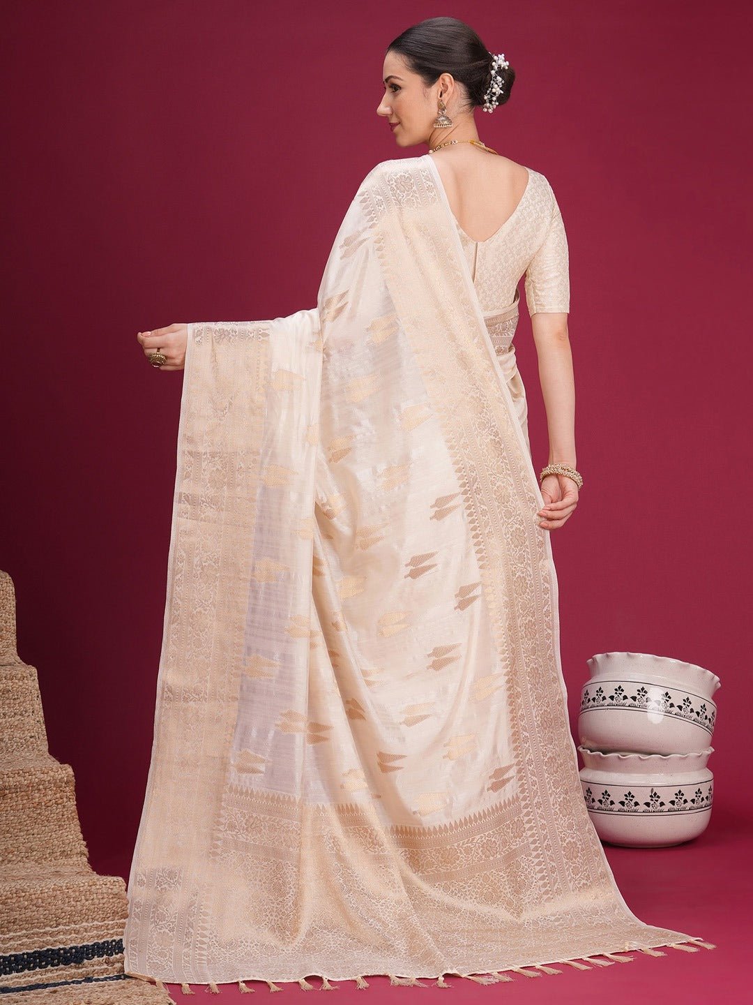 Off-White Cream Banarasi Silk Blend - Ressa