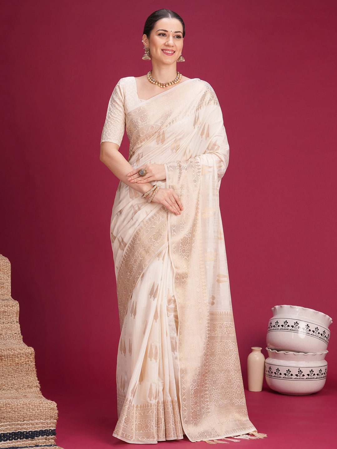 Off-White Cream Banarasi Silk Blend - Ressa