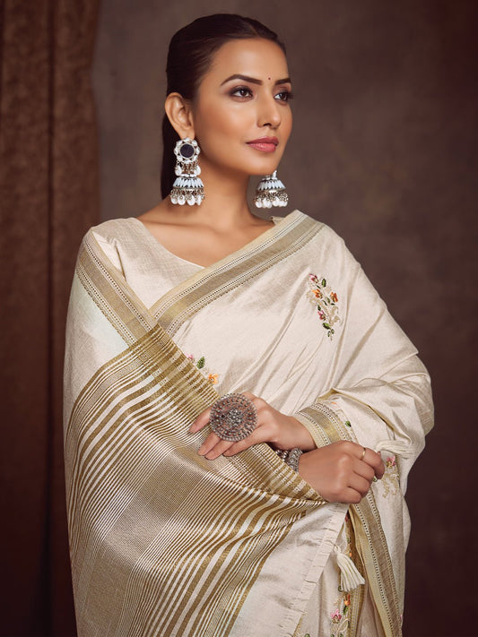 Off-White & Cream Silk Blend Heritage Handloom Aesthetic Saree - Ressa