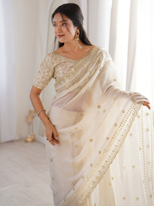 Off-White Emblished Party Wear saree - Ressa