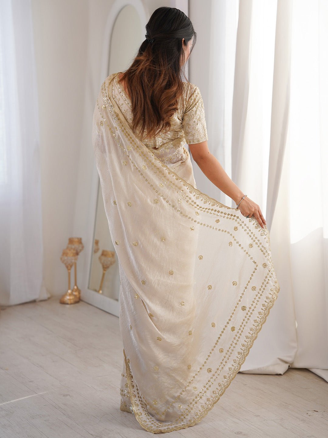 Off-White Emblished Party Wear saree - Ressa