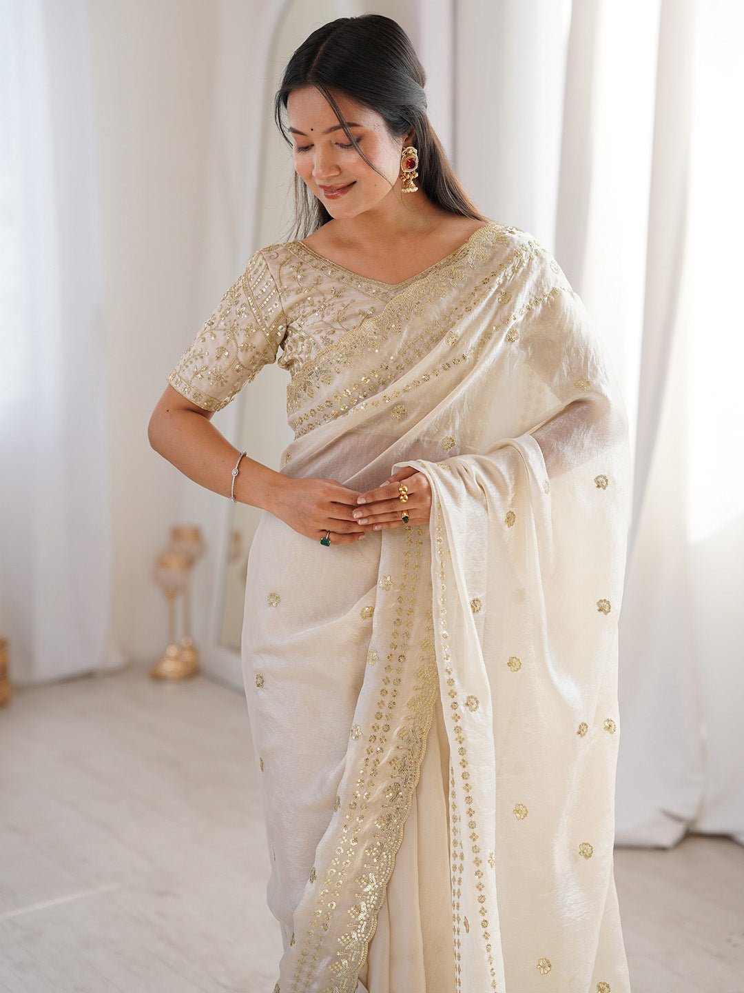 Off-White Emblished Party Wear saree - Ressa