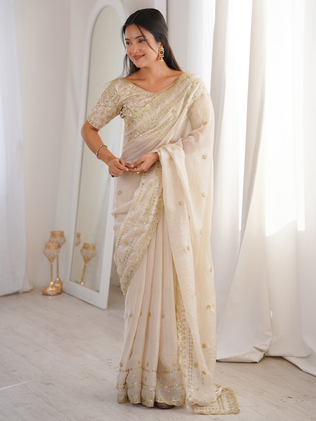 Off-White Emblished Party Wear saree - Ressa