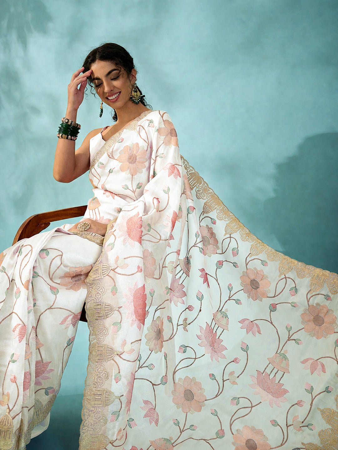 Off White Embroidered Party Wear Saree - Ressa