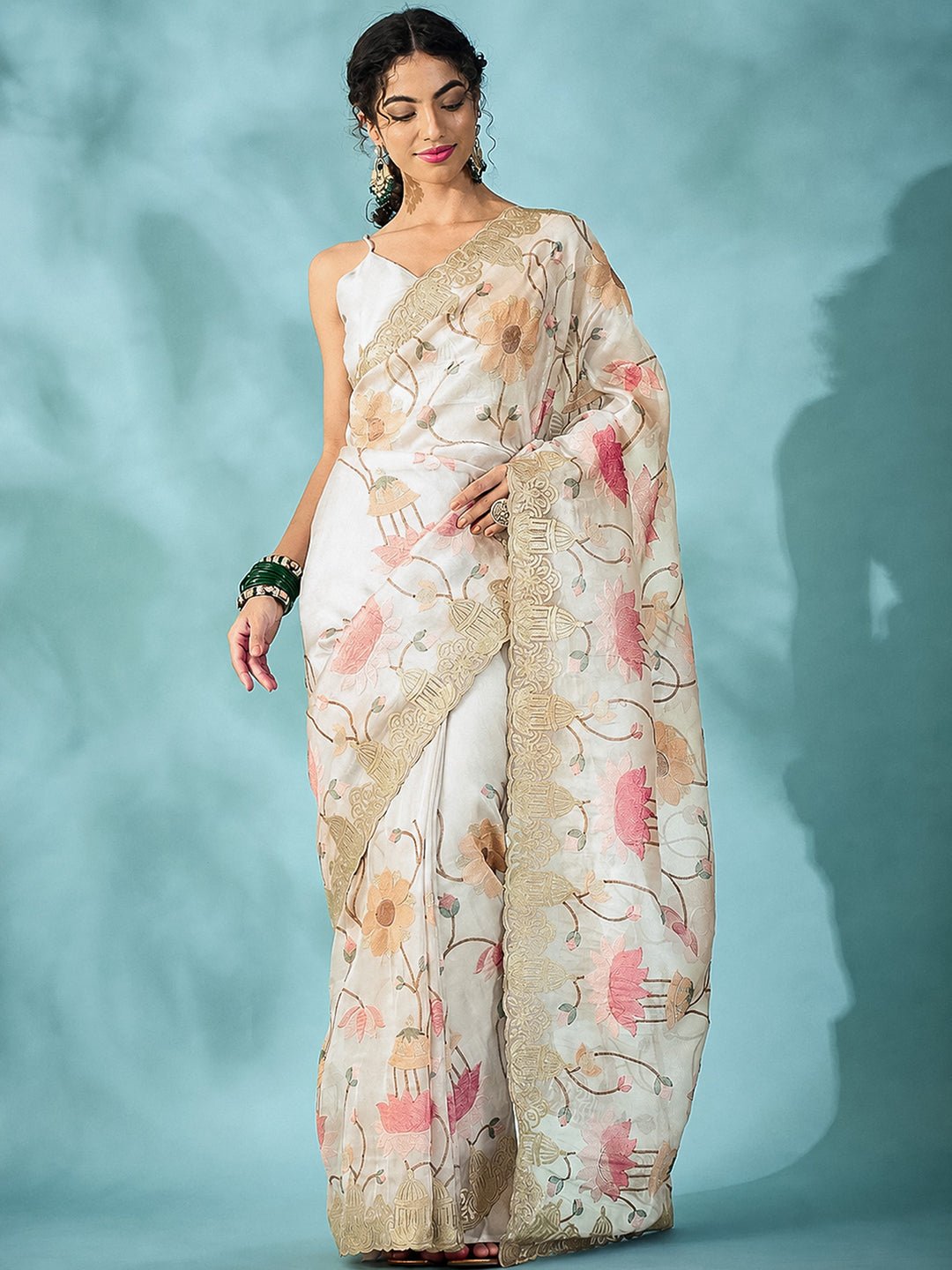 Off White Embroidered Party Wear Saree - Ressa
